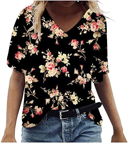 Ризи Свободно Намаляване с Цветен Модел на Размера на Плюс за Момичета, Ежедневни Блузи с Къс Ръкав Vneck, Тениска