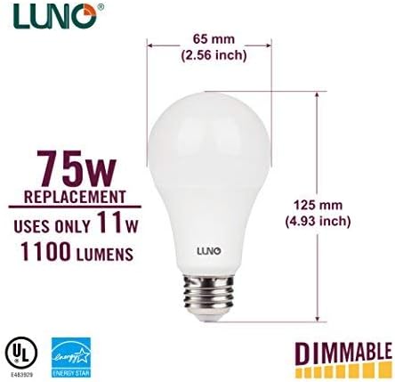 Led лампа LUNO A19 с регулируема яркост, 11 W (еквивалент на 75 W), На 1100 Лумена, 4000 До (неутрално бяла), Средна база (E26), UL & ENERGY STAR (комплект от 4 теми)
