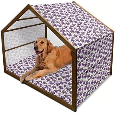 Дървена Къщичка за кучета Ambesonne с цветен модел, Цъфтежа клематис със Зелени листа, Дизайн Лятна градина,