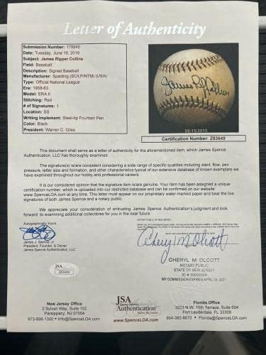 Сингъл Джеймс дера на разстояние Колинс с Автограф от Официалния представител на Националната лига бейзбол JSA COA РЕДКИ Бейзболни топки С автографи