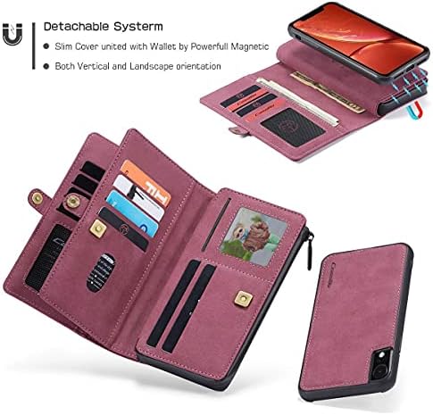 Чанта-портфейл CaseMe за iPhone XR, Трайни, Ръчно изработени от изкуствена кожа, 2-в-1, Сменяем Магнитен Флип