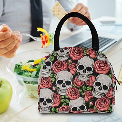 Случайна чанта за обяд Дамски - Череп с Рози Цвете Големи Запечатани Кутии за Обяд с плечевыми ремъци за работа
