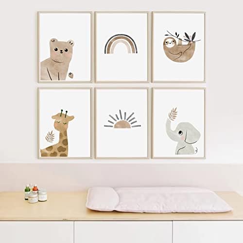 Комплект от 6 стенни рисунки за детска стая в стил Бохо, Канавки за детска стая, Стенни рисунки за детска стая с розови принтом животни, Декор за детска стая в стил Бо