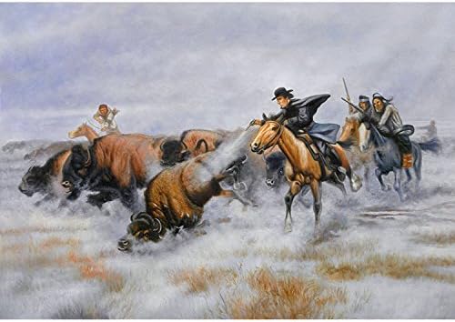 Брат Ван, Стреля в Биволи - Репродукция на картина на Чарлз Ръсел, Ръчно рисувани с маслени бои, На Лов за диви
