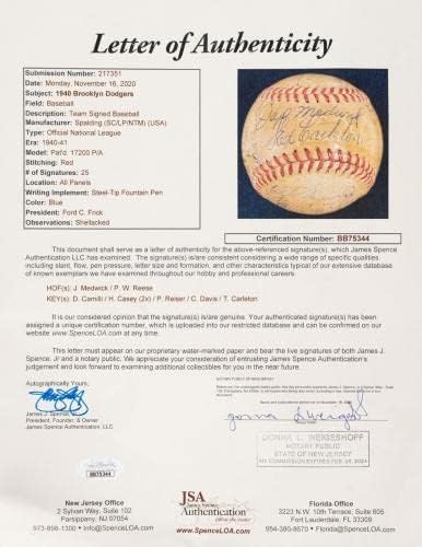 1940 Отборът на Бруклин Доджърс Подписа договор с Националната купа бейзбол JSA COA - Бейзболни топки с автографи