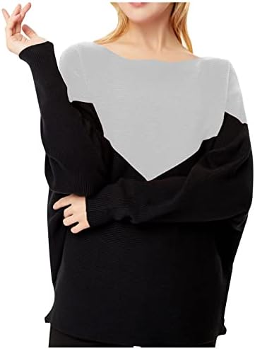 Дамски Пуловери, Контрастиращи Линии, Свободен Пуловер с един деколте и дълъг ръкав Прилеп, Вязаный Пуловер,