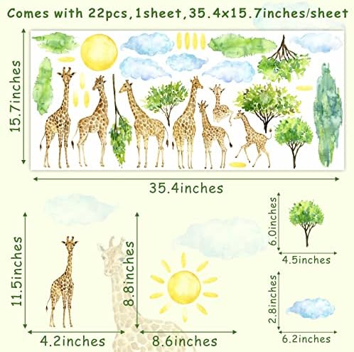 Акварел жираф на стикери за стена горски животни стикери за стена слънцето облаци стикери стена зелено Дърво