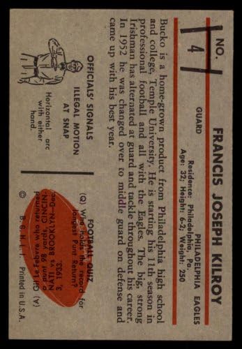 1953 Боуман 4 Бако Kilroy на Филаделфия Ийгълс (Футболна карта) БИВШ Игълс Темпъл