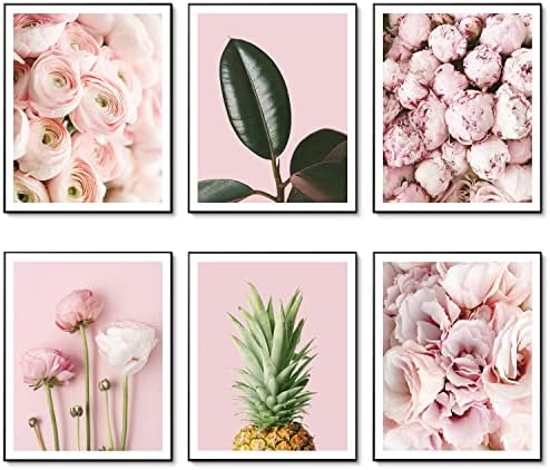HUZAIGEGE Розови Цветя Художествени Снимки Минималистичные Стенни Щампи Зелени листа от Растения, Отпечатъци