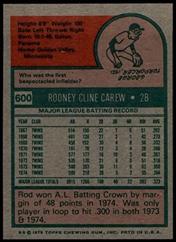 1975 Topps # 600 Род Кэрью Миннесотские близнаци (Бейзболна картичка) EX/MT + Близнаци