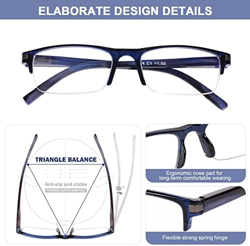 Очила за четене AQWANO за мъже, компютърни, със заключване синя светлина, в рамките на половината от очила за четене, стилно качество, класически, с антирефлексно покри