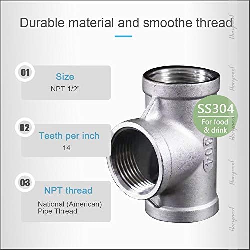 Т-образен фитинг Horiznext NPT1/2 с вътрешна резба от неръждаема стомана, 3-ходова чай с вътрешна резба 3/4 инча, метални формовани съединител