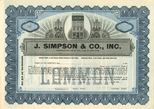J. Simpson and Co, Inc. - Склад за сертификат