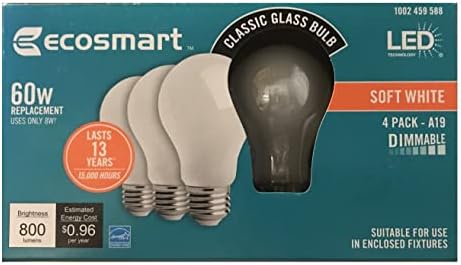 EcoSmart 60-Ватов Еквивалент led лампи A19 с регулируема яркост, Мека бяла Класическа стъклена крушка (4 бр.)