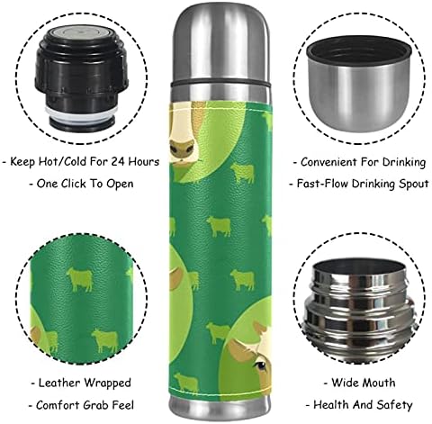 Бутилка за минерална вода Cow Design Green Style - термос от неръждаема стомана с изолация (момичета / момчета)