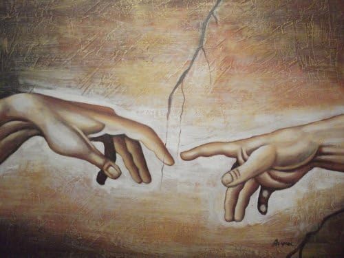 КРЪГЛА Красива картина с маслени бои Върху платно Създаването на Адам на Микеланджело 20х24
