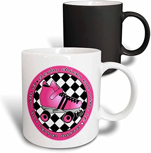 3dRose Derby Пилета Roll with It Ярко-розови ролери и бяла в два цвята черна чаша, 11 грама, боядисана