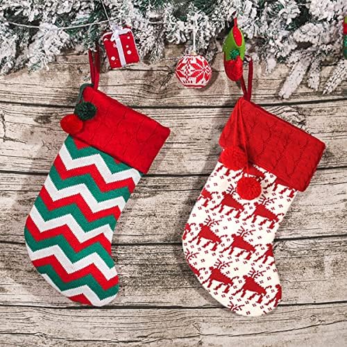 Коледни Чорапи Woirio 16 инча, 2 опаковки, Шарени Възли Коледни Чорапи с Пухкави топки, Подходящи за украса