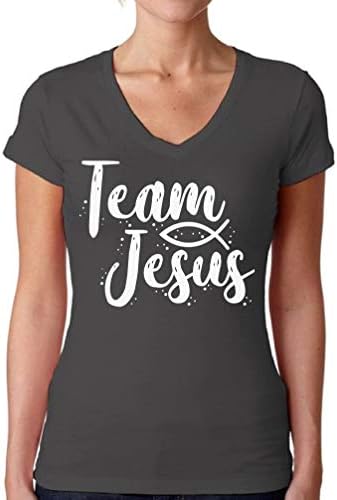 Тромав Стилове Бели Ризи Team Jesus Christian Тениска с V Образно Деколте за Дамите Подаръци Христос